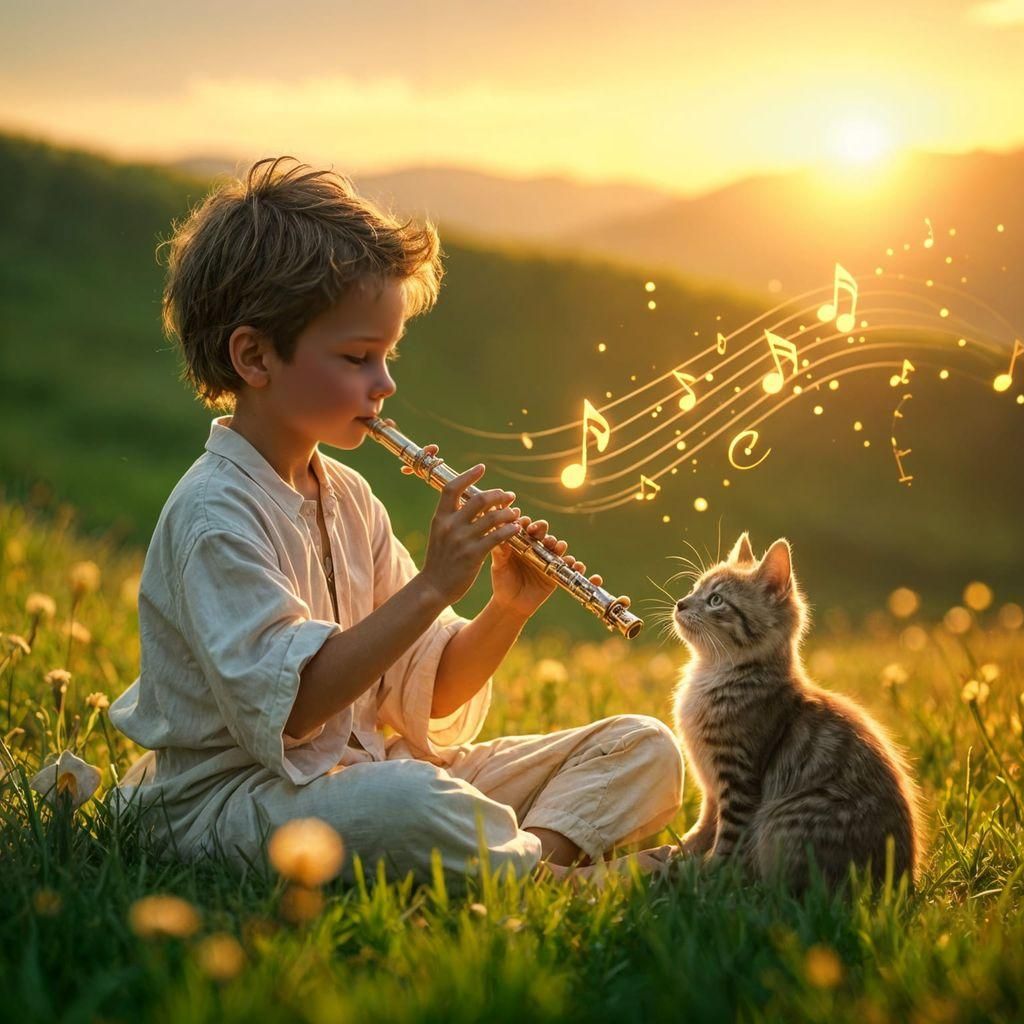 Boy Plays Flute for Cat in Sunset Field