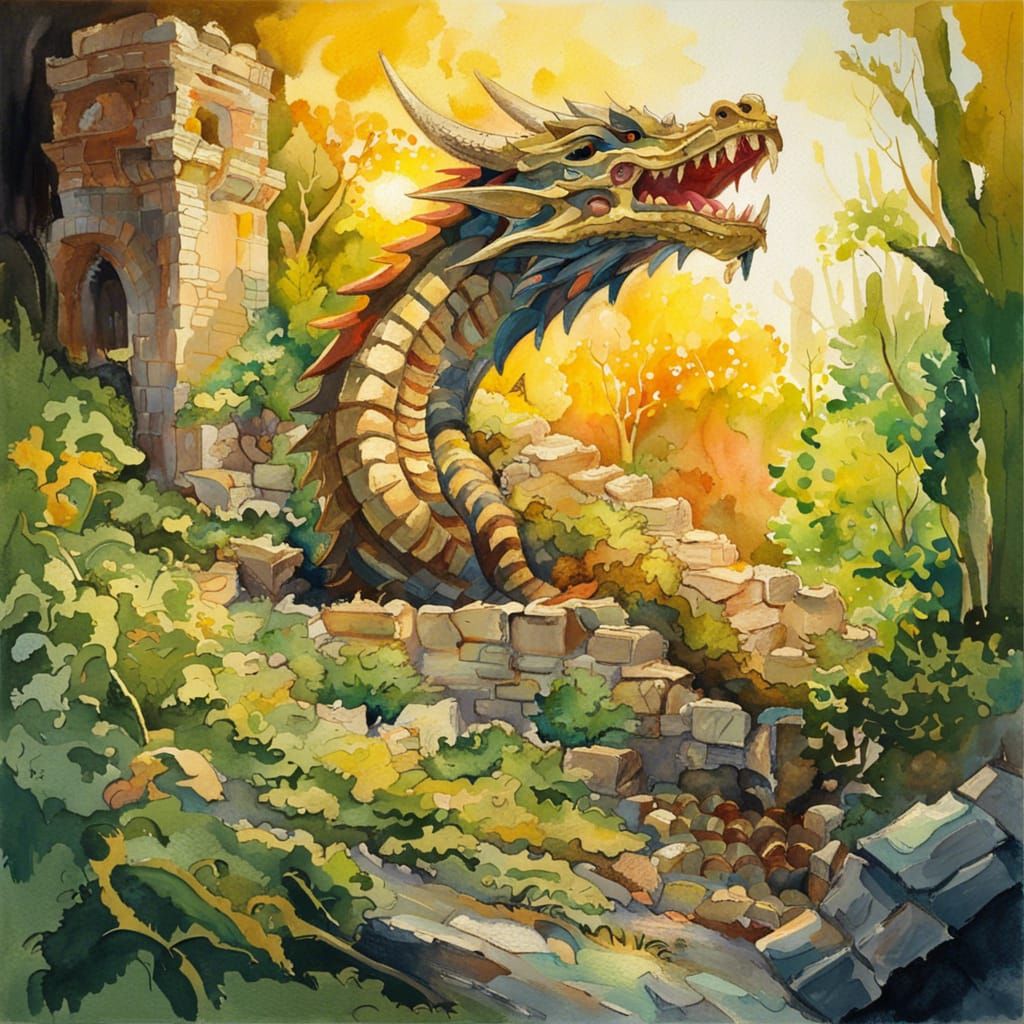 Dragon in Castle Ruins: Gouache Impressionist Style