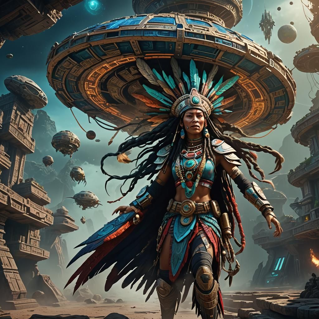 Mayan Shaman Abduction by Aliens: Fantasy Concept Art