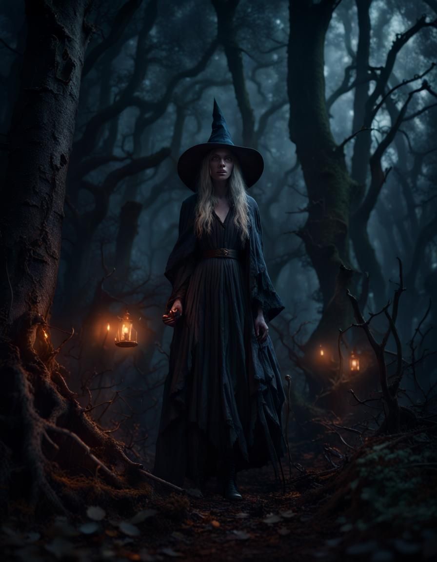 Spooky Witch in Dark Woods, Hyperrealistic Art