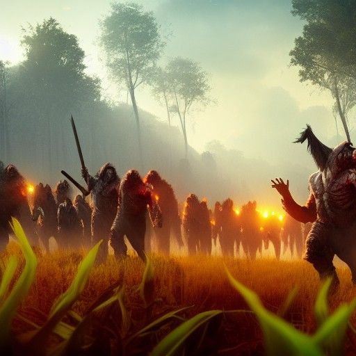 Orcs Marching Through Cornfield at Sunset