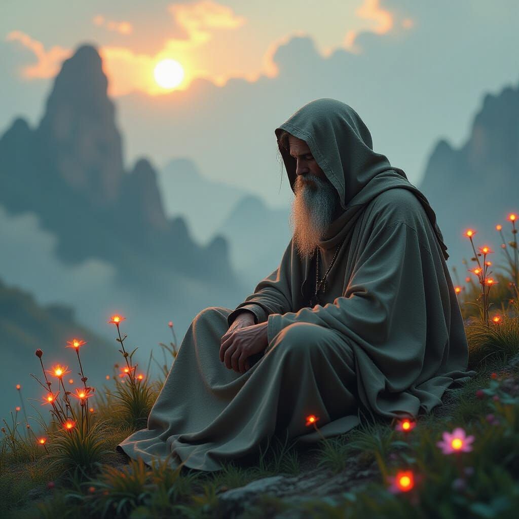 Contemplative Figure in Mystical Landscape: Surreal Art