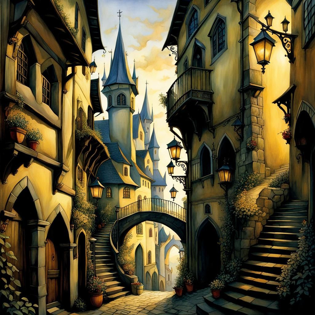 Mysterious Medieval City in Golden Light