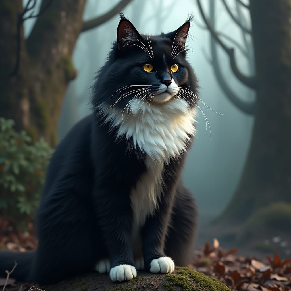 Majestic Black and White Cat in Mystical Realm