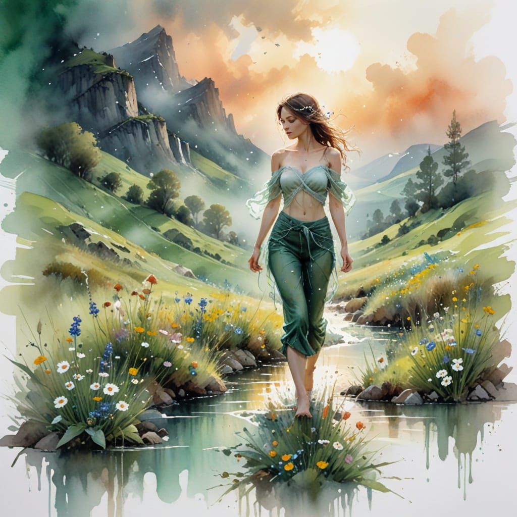 Spring Rain in Emerald Valley: Watercolor Art