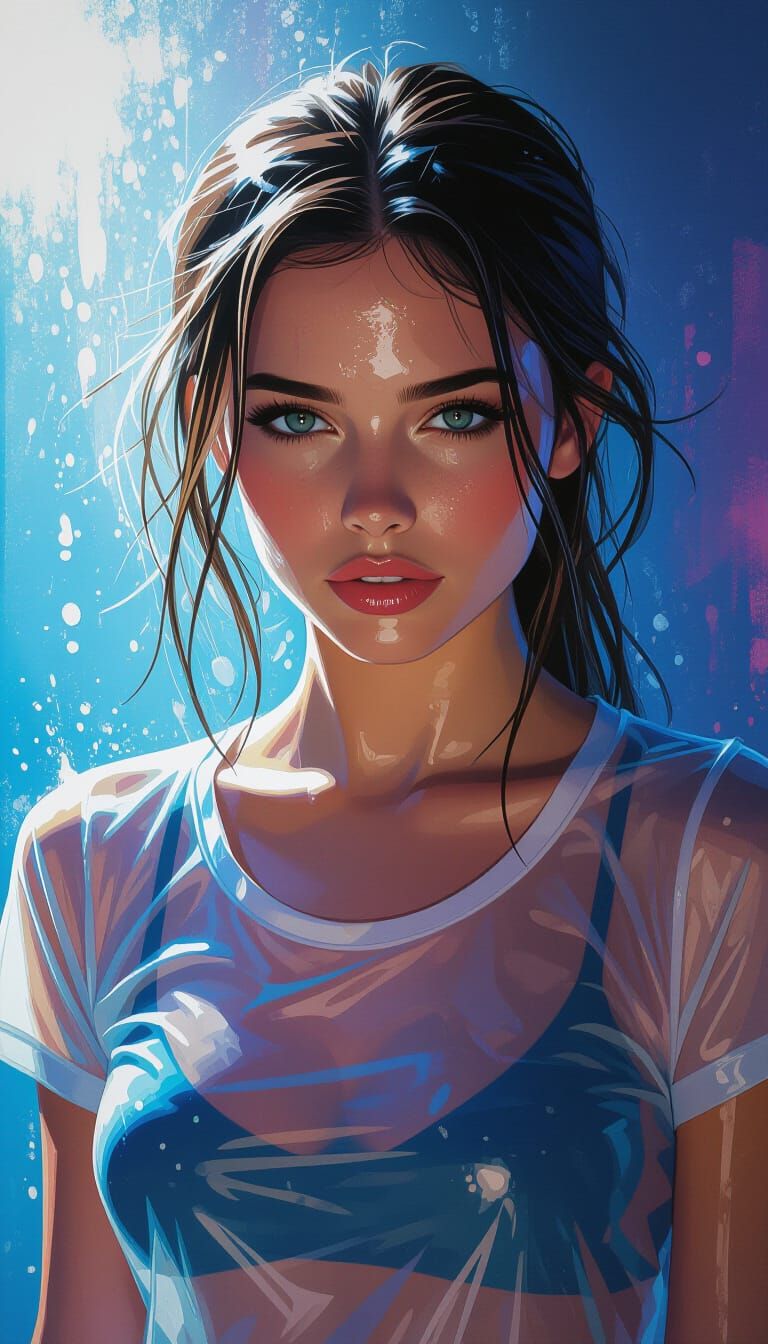 Hyperrealistic Woman in Wet T-shirt Splash Art