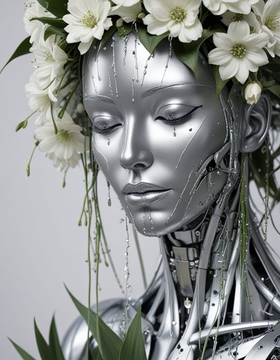 Silver Android Weeps Over Delicate Flower