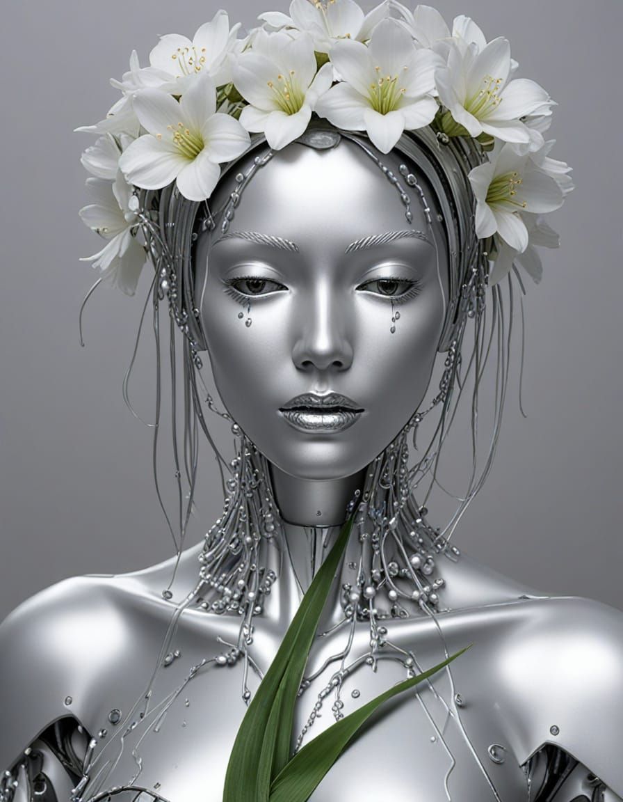 Silver Weeping Android Over Delicate Flower