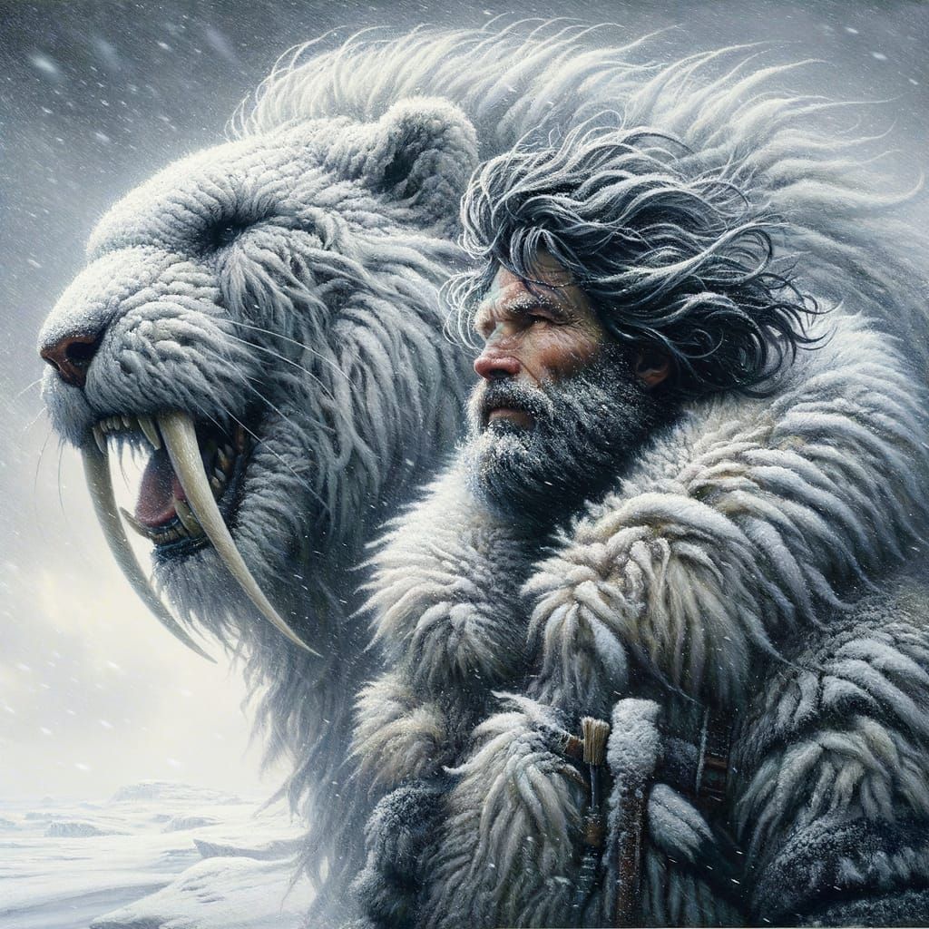 Inuit Man and Saber-Tooth in Snowstorm
