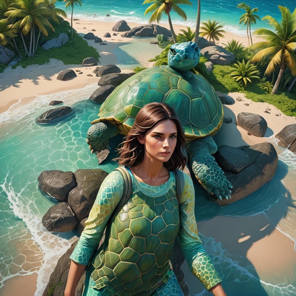 Brunette Woman and Giant Turtle: 3D Digital Art