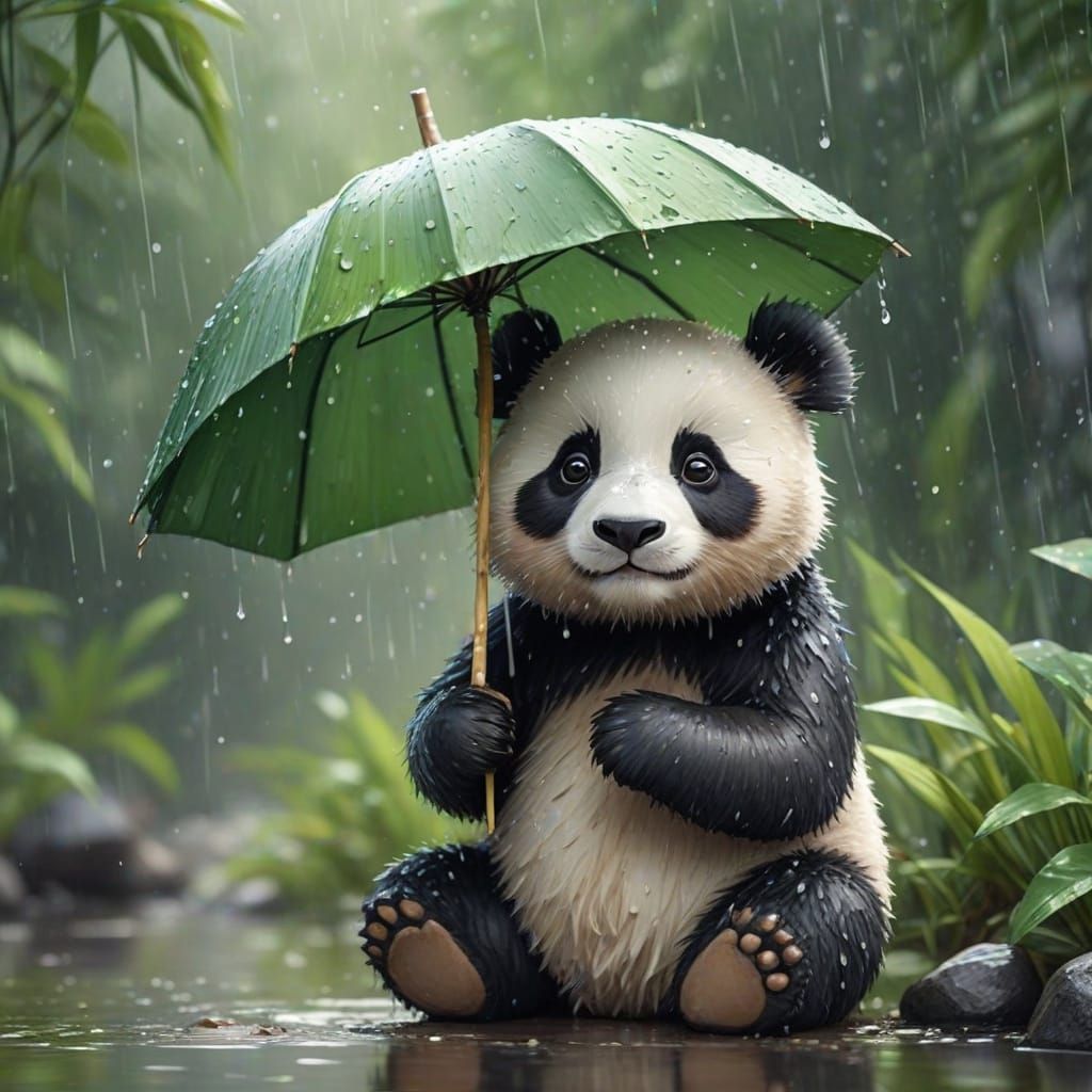 Whimsical Watercolor Panda Cub in Rainy Bamboo Scene
