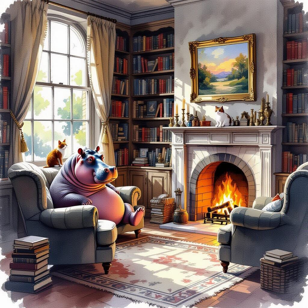 Cozy Study With Hippo and Cat in Watercolor