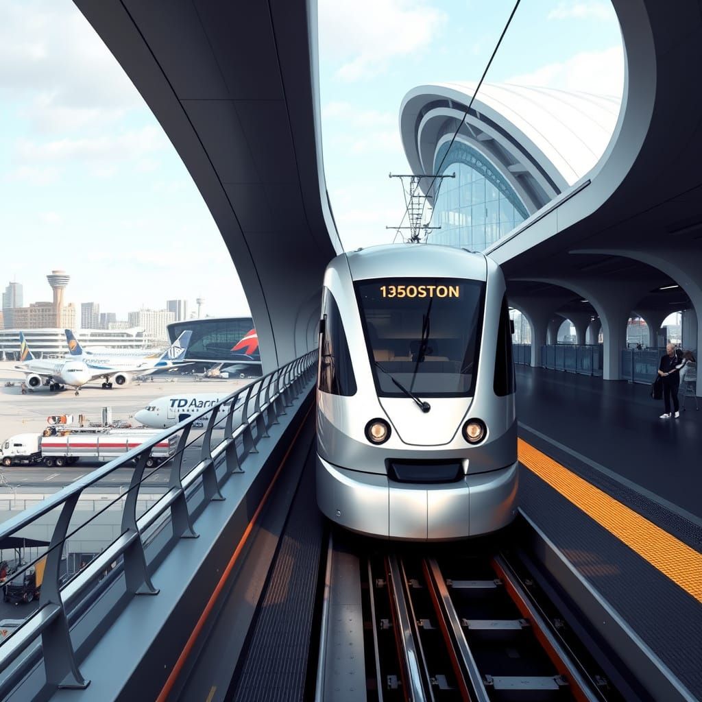 Sleek Tram Approaches Futuristic Train Station at Logan Airp...