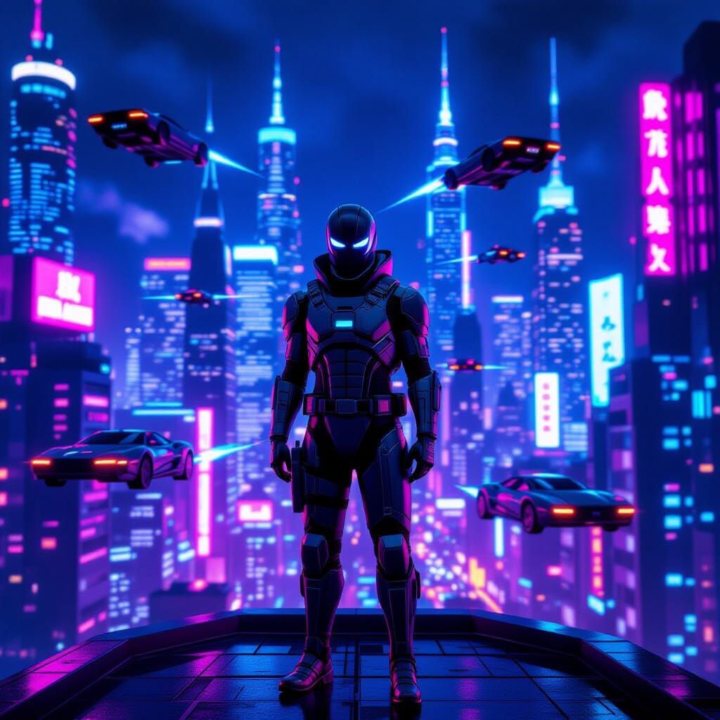 Cyberpunk Cityscape with Masked Figure in Neon Style