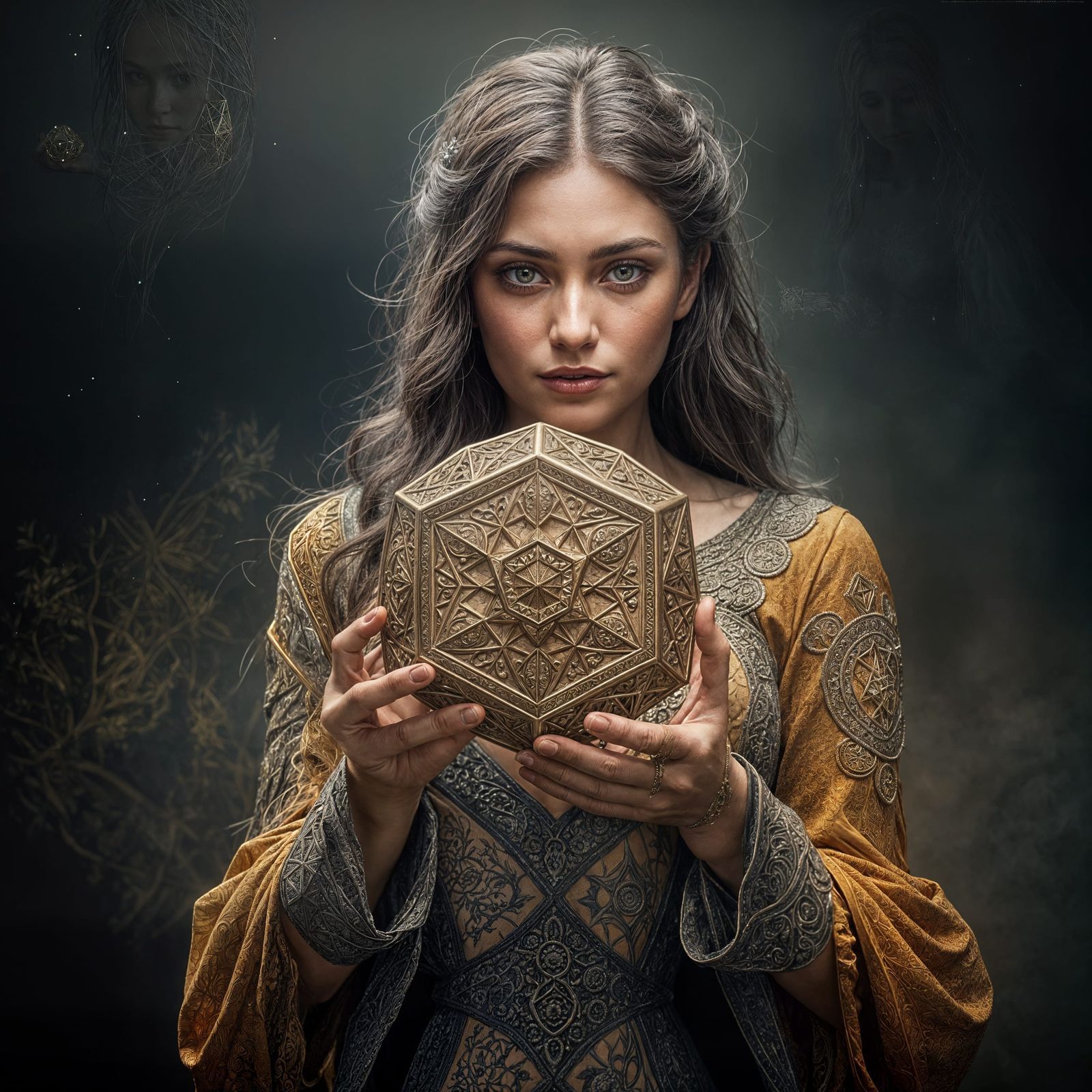 Beautiful Woman Holding Glowing Ancient Octahedron