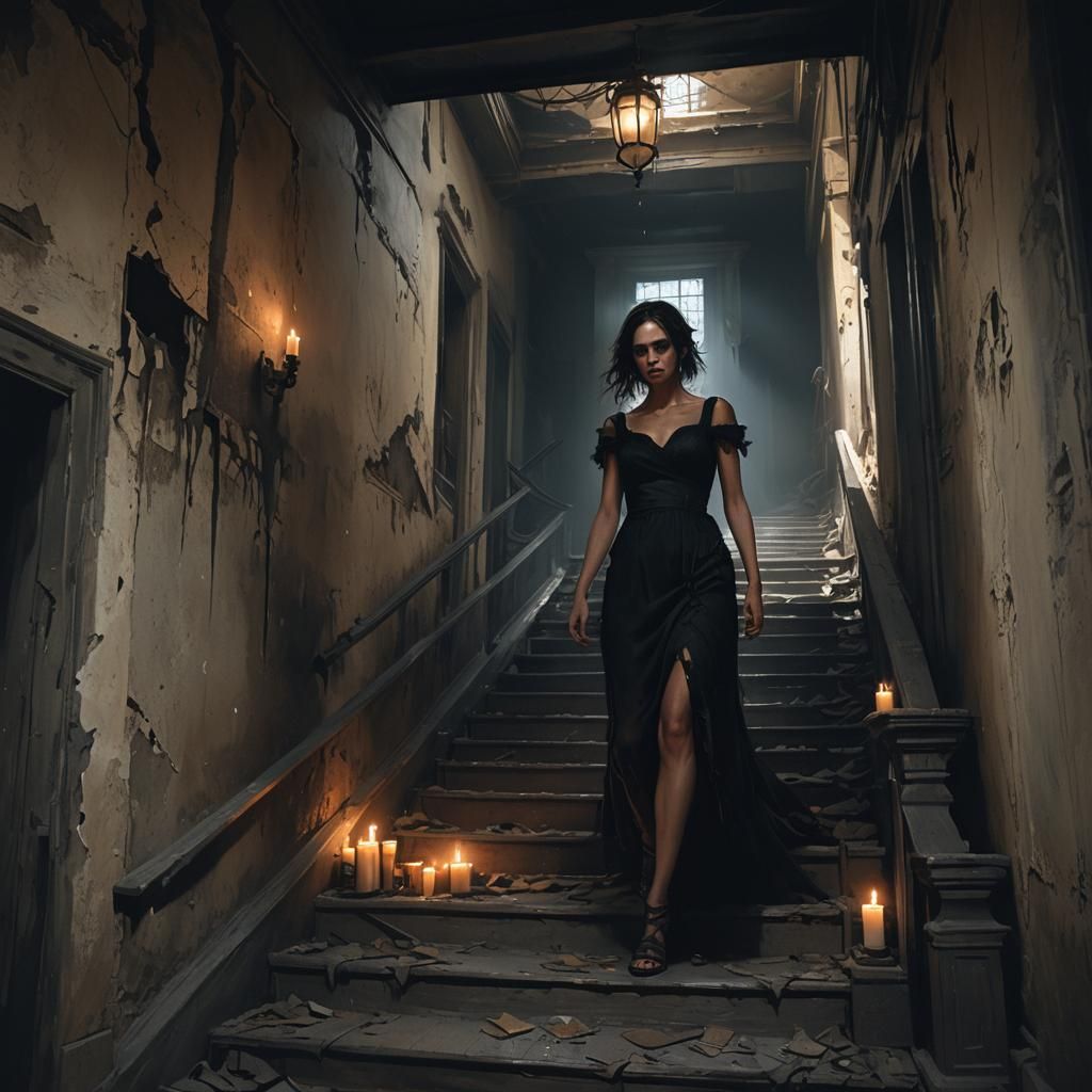 Ominous Girl in Abandoned Hallway Concept Art