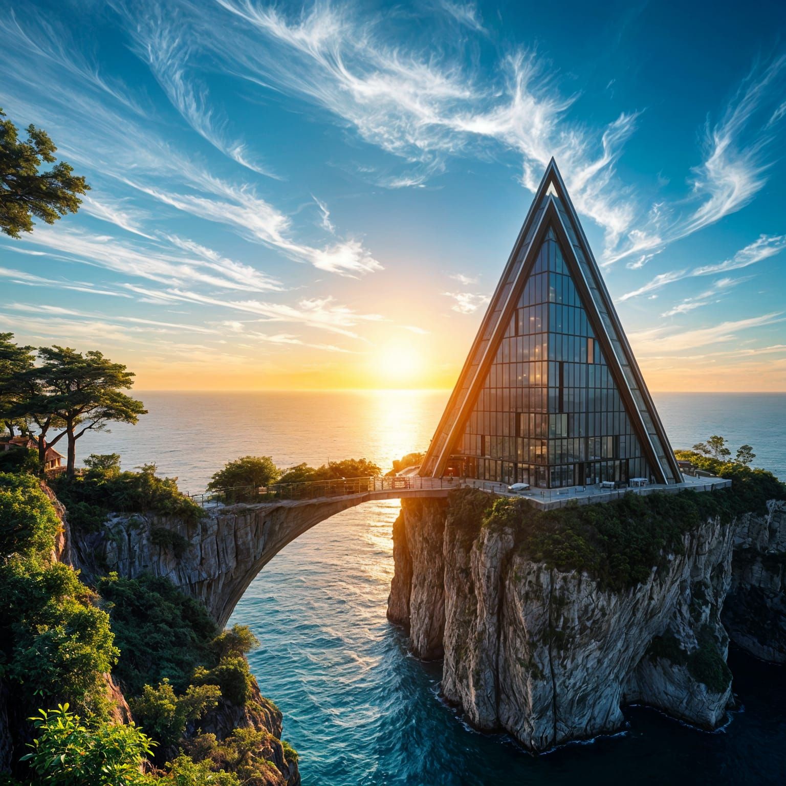 Surreal Coastal Architecture Overlooks Ocean at Sunset