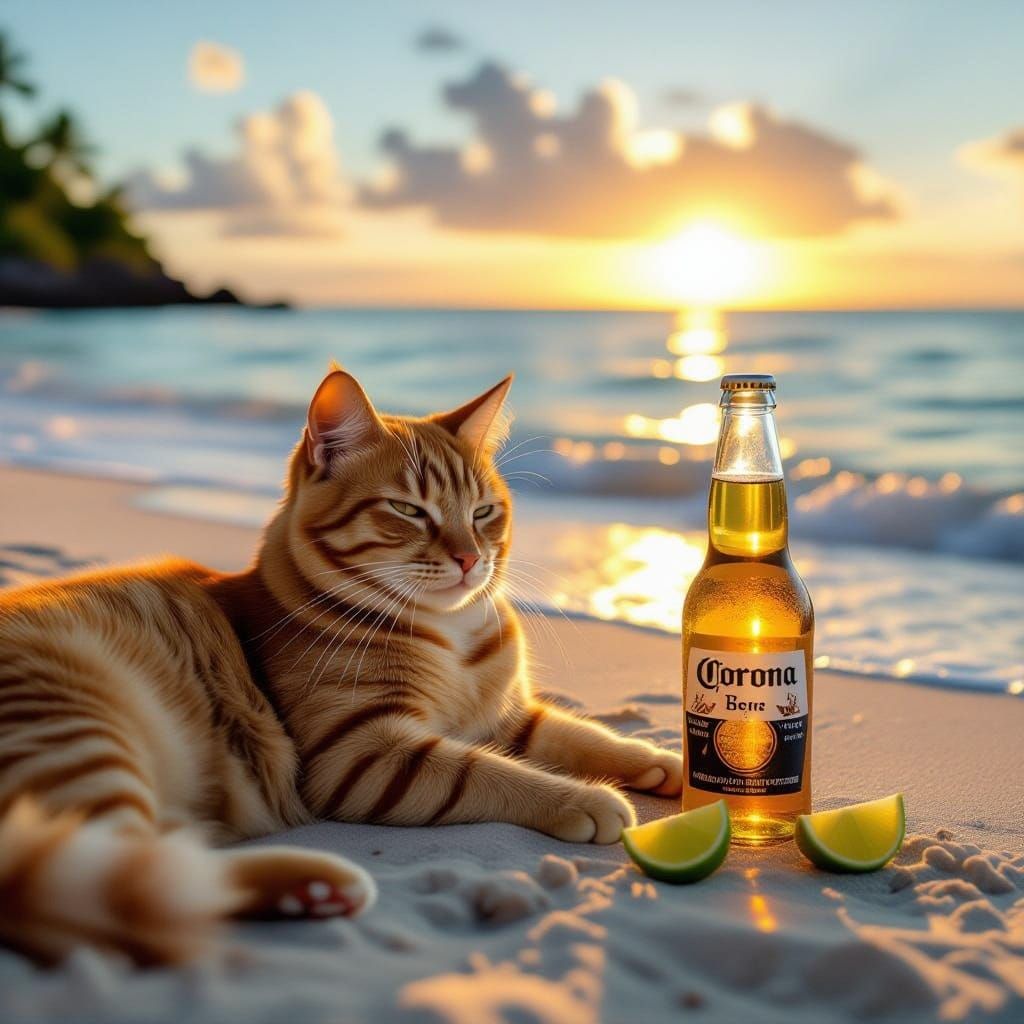 Ginger Cat Relaxing on Tropical Beach at Sunset