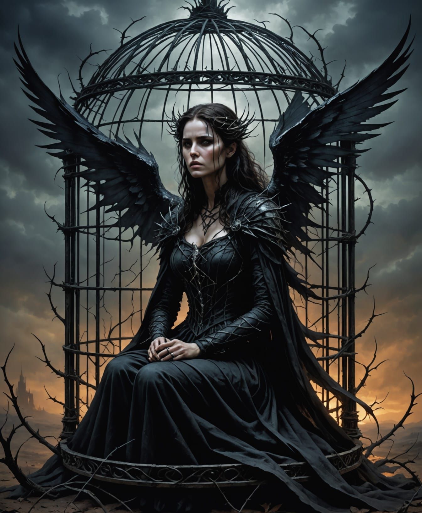 Melancholic Woman Trapped in Thorn Cage
