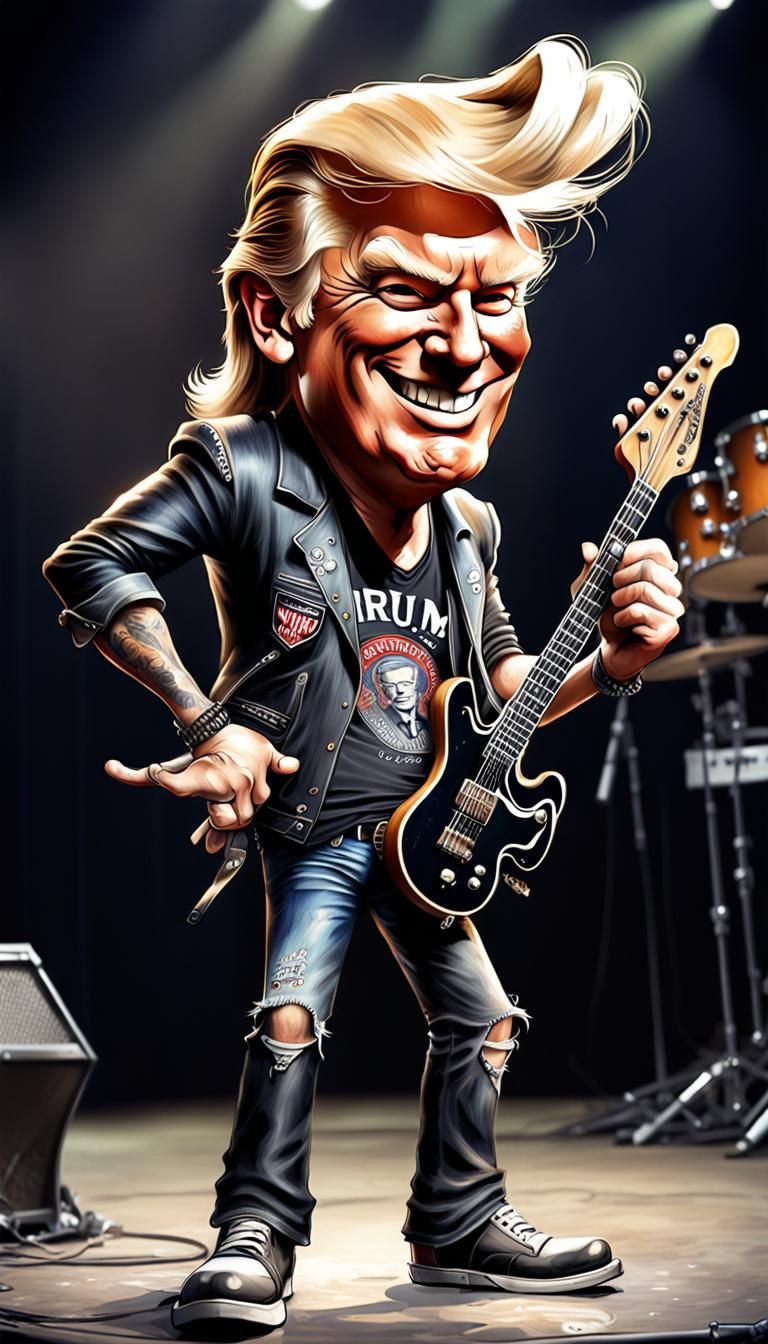 funny caricature, Donald Trump, Grunge rocker outfit, Well -trained, smooth skin, young, swirly hair, Confident, smilin...