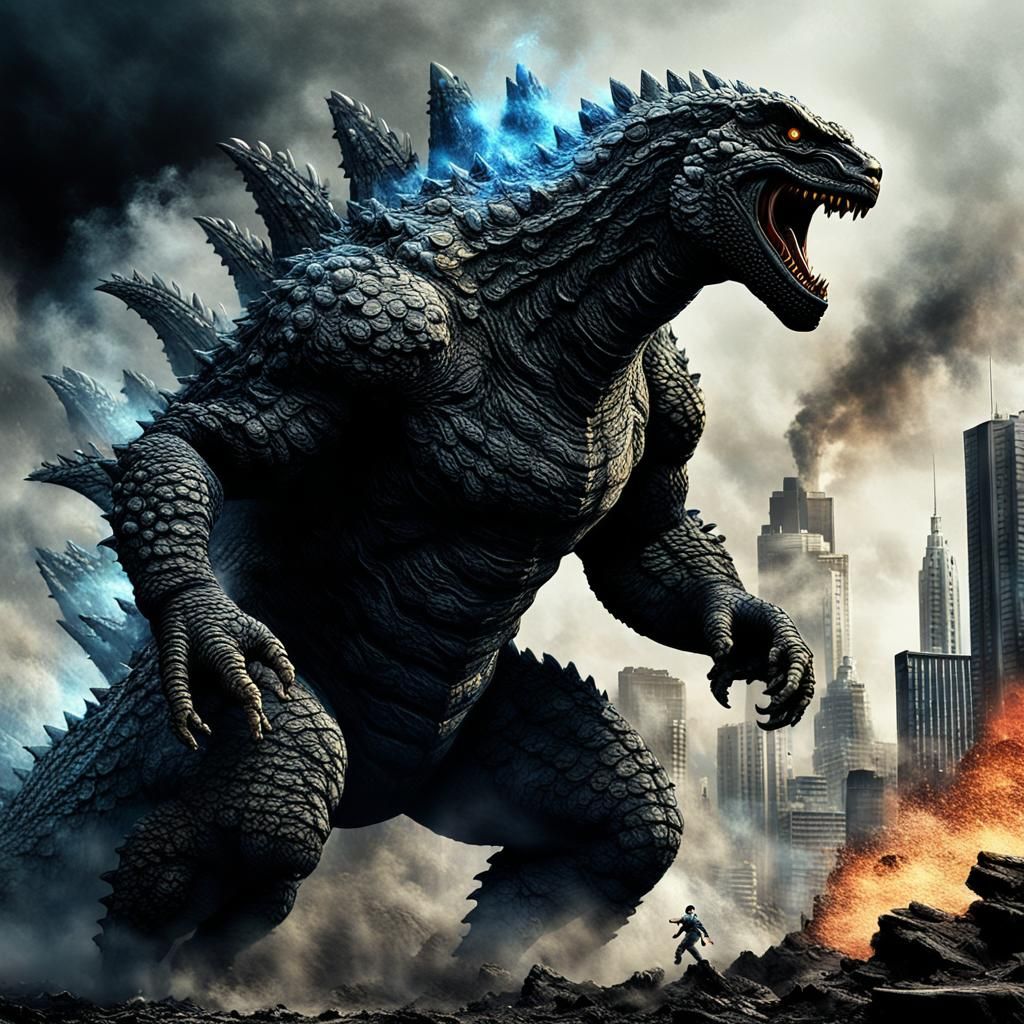 Realistic Godzilla in Dark, Smokey Environment