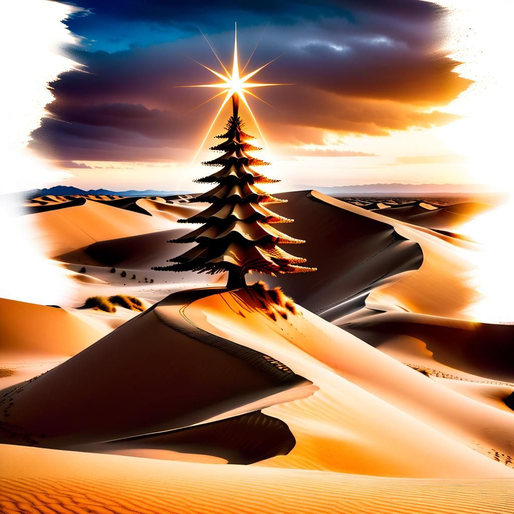 Sand Christmas Tree on Desert Dunes in 3D Watercolor