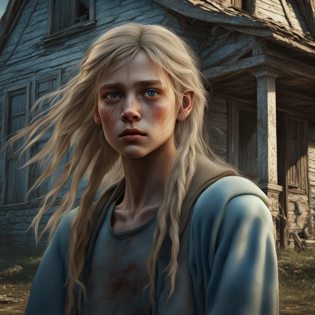 Sad Teenager in Front of Old House, Photorealistic Art