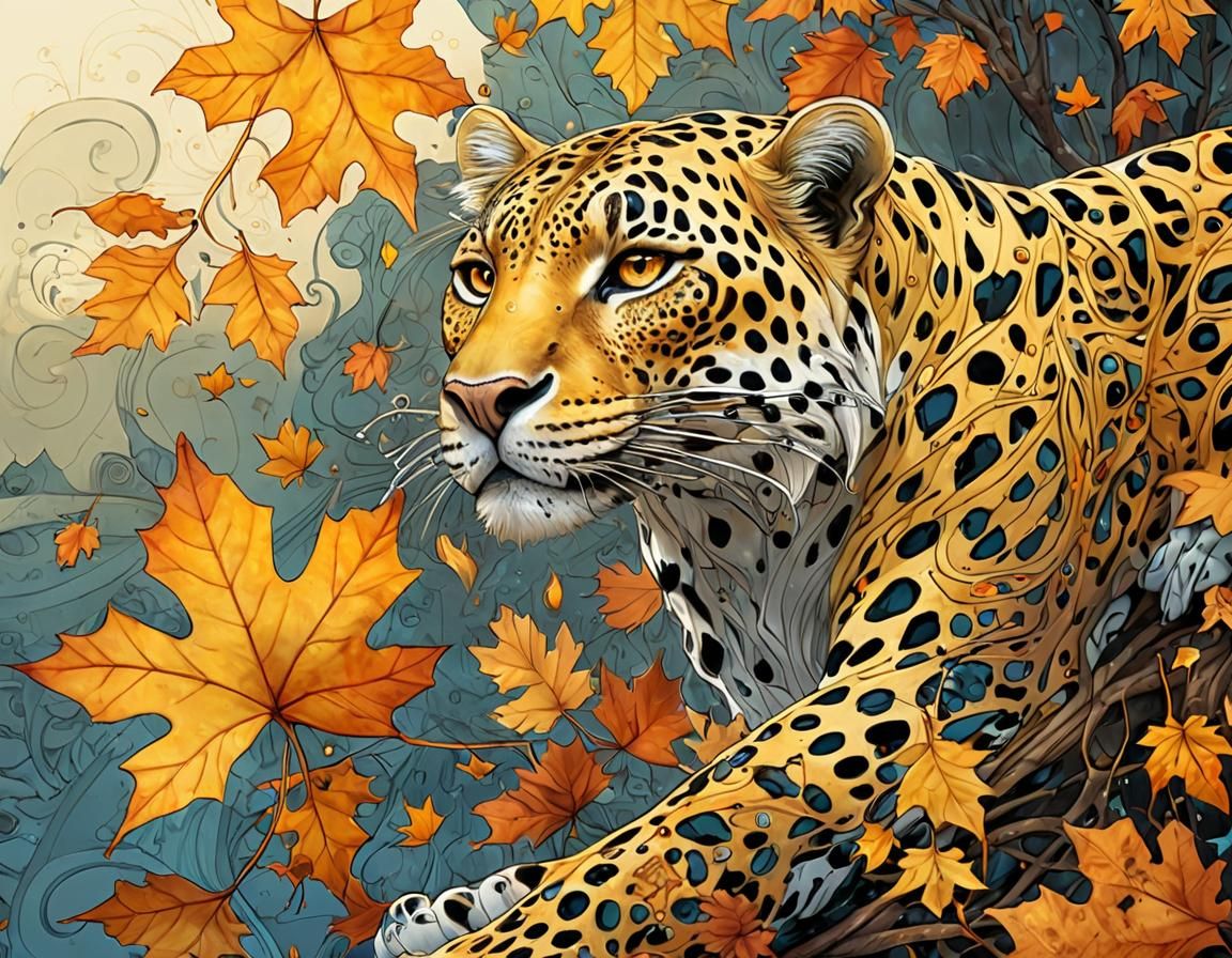 Autumn Leopard Composition in Moebius Style