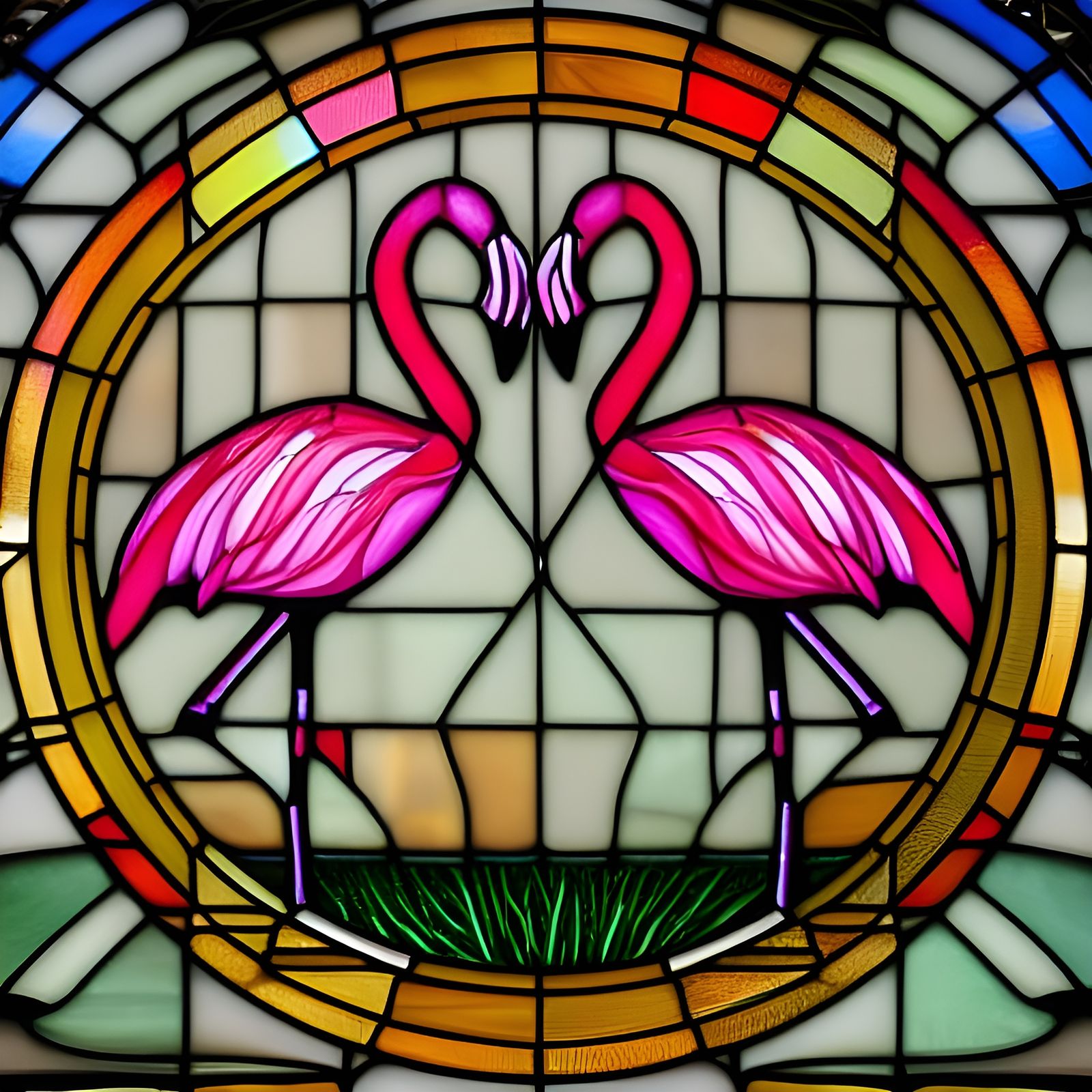 Stained Glass Flamingos in Photorealistic Style