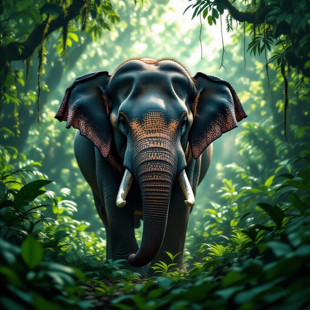 Elephant in Jungle Sunlight: Hyperrealistic Image