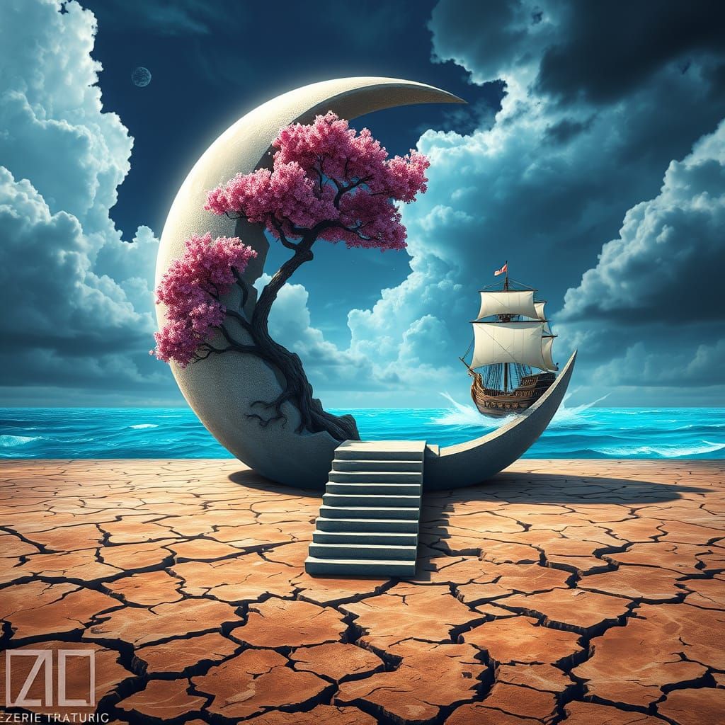 The image is of a broken Crescent Moon sitting on drought dr...