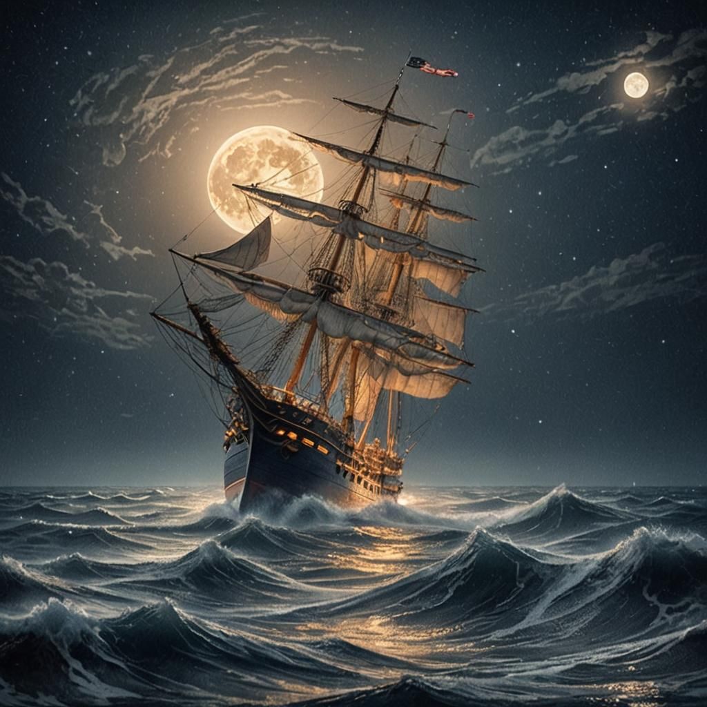 Majestic Ship at Midnight: Seascape Photography