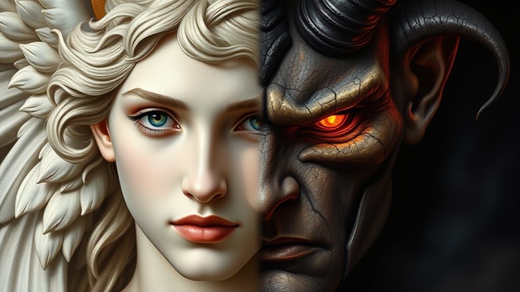 Split-Face Portrait: Angel and Demon in Baroque Style