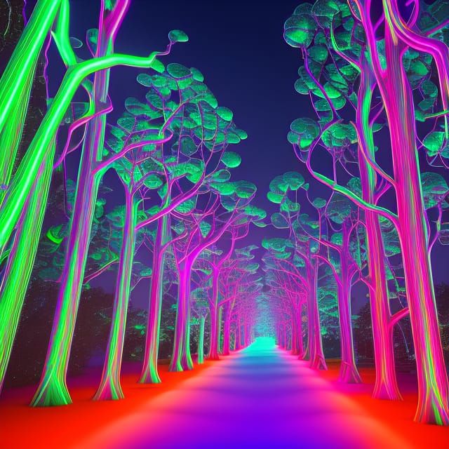 Giant Neon coloured trees as Bright Neon Purple and Neon electric blue Street lamps. 8k resolution concept art Splash ar...