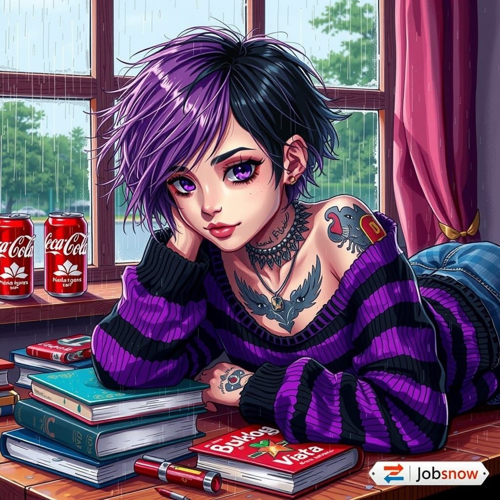 Emo Woman Surrounded by Books in Studio Trigger Style
