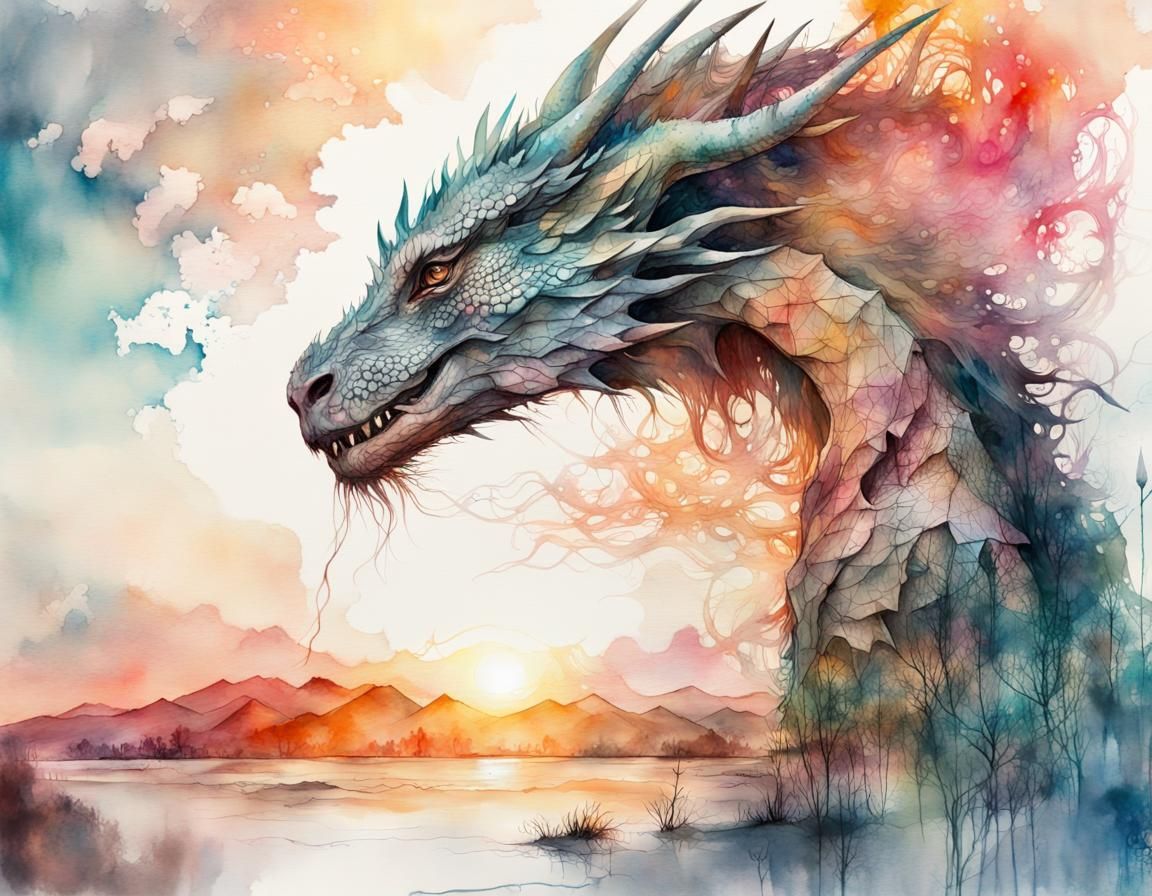 Dragon Silhouette Summerscape in Watercolour Style