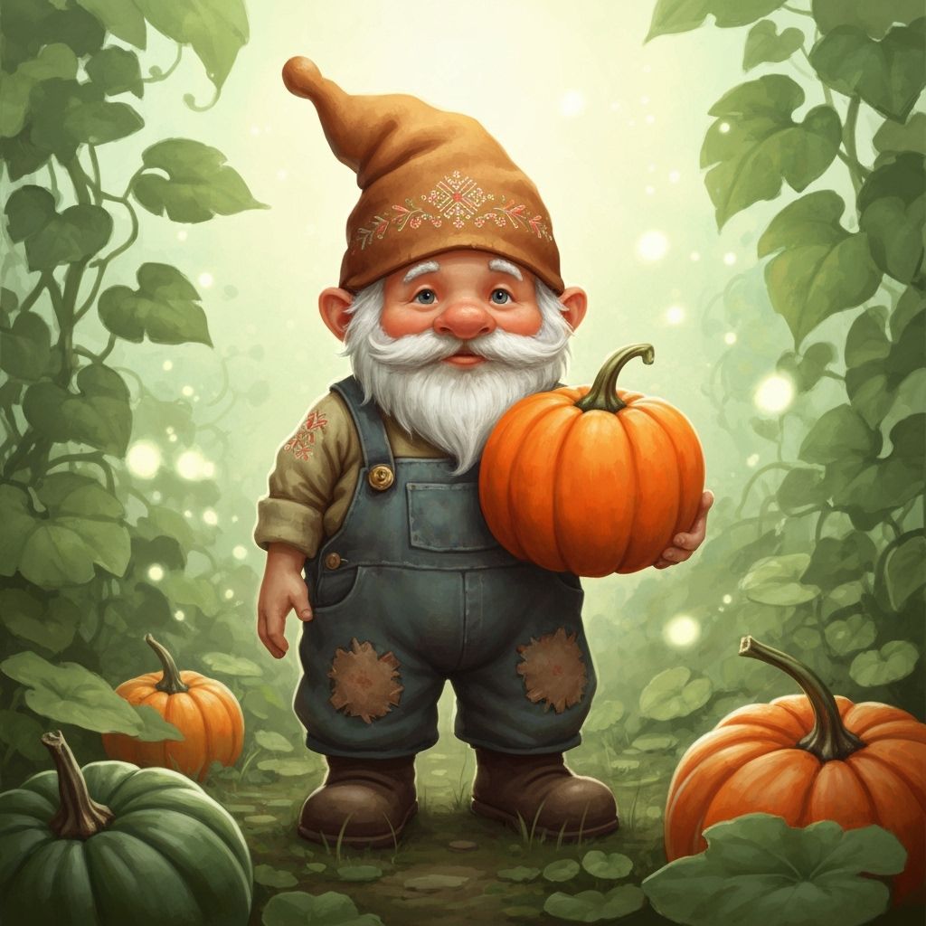 Gnome in Pumpkin Patch with Ethereal Light - Gouache Style