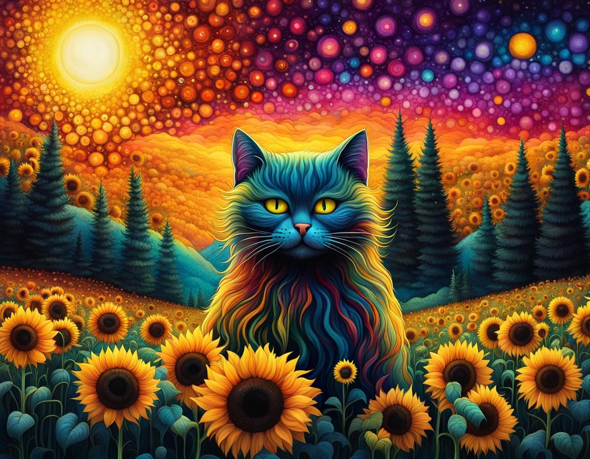 Psychedelic Cat in Sunflower Field, Alcohol Ink Art