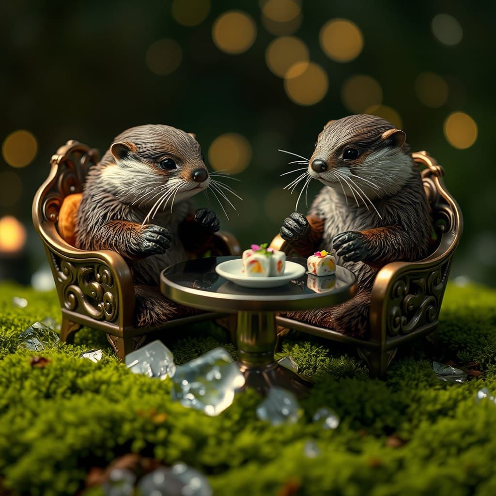 Whimsical macro photography of ((super realistic otter pair are sitting on a tiny armchairs next to modern metal table))...