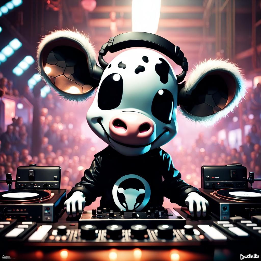 Chibi Cow DJ in Club, Maximalist 3D Style