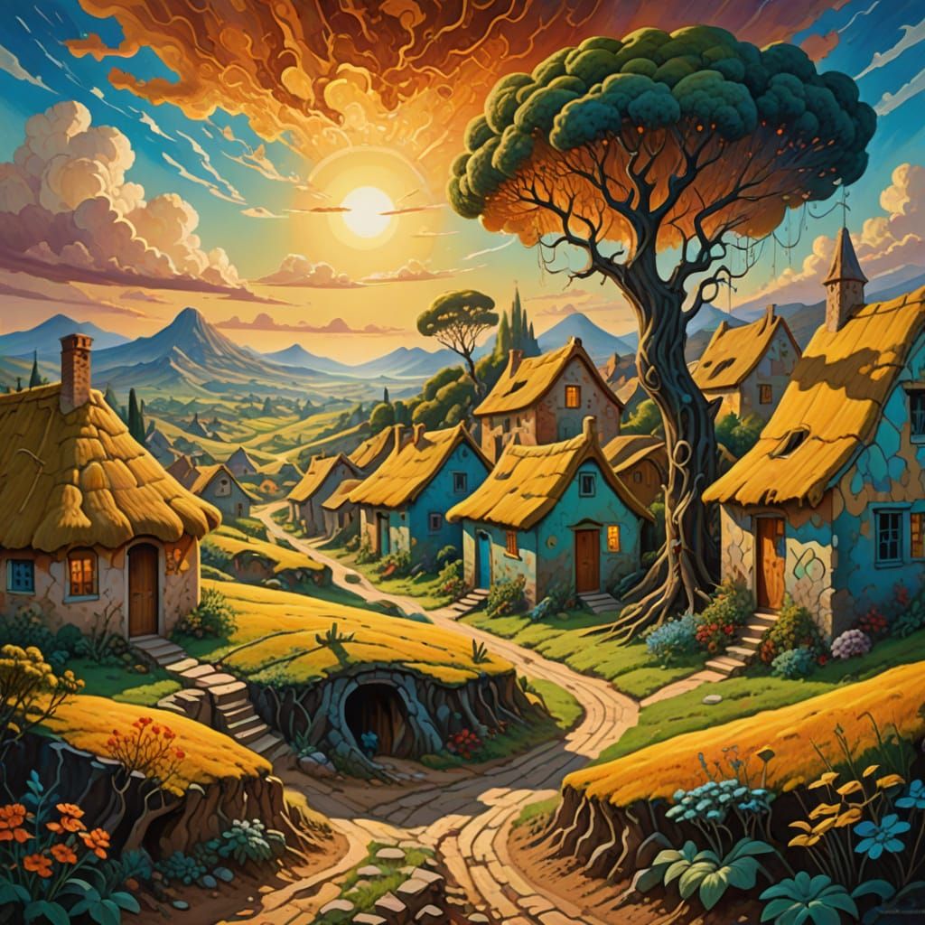 Surreal Neo-Impressionist Village in Volcanic Crater