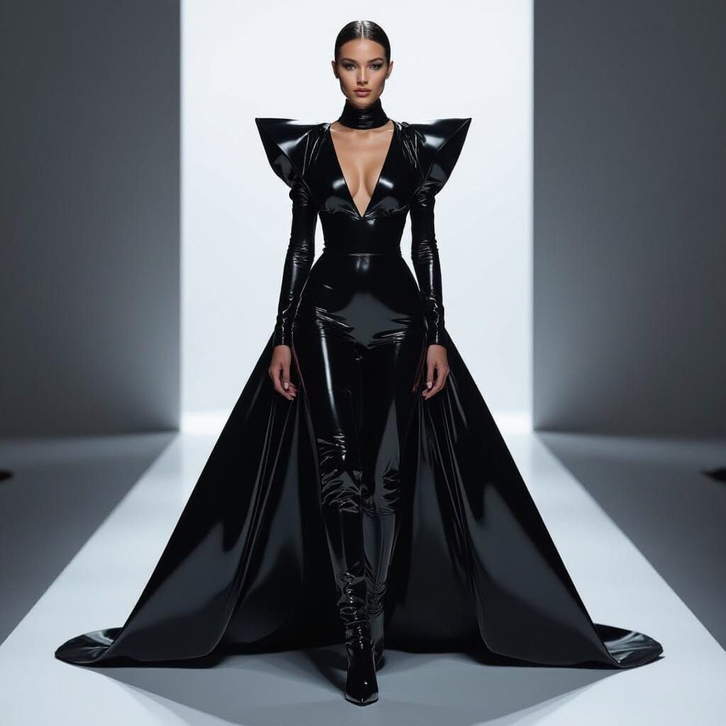 Fashion Model in Reflective Latex Bodysuit on Runway