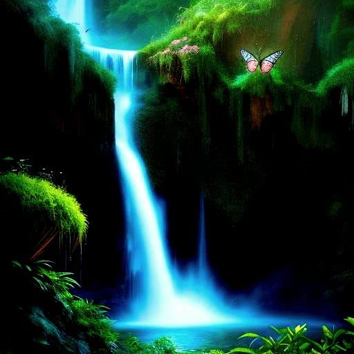 Detailed Butterflies and Waterfall Garden in HDR