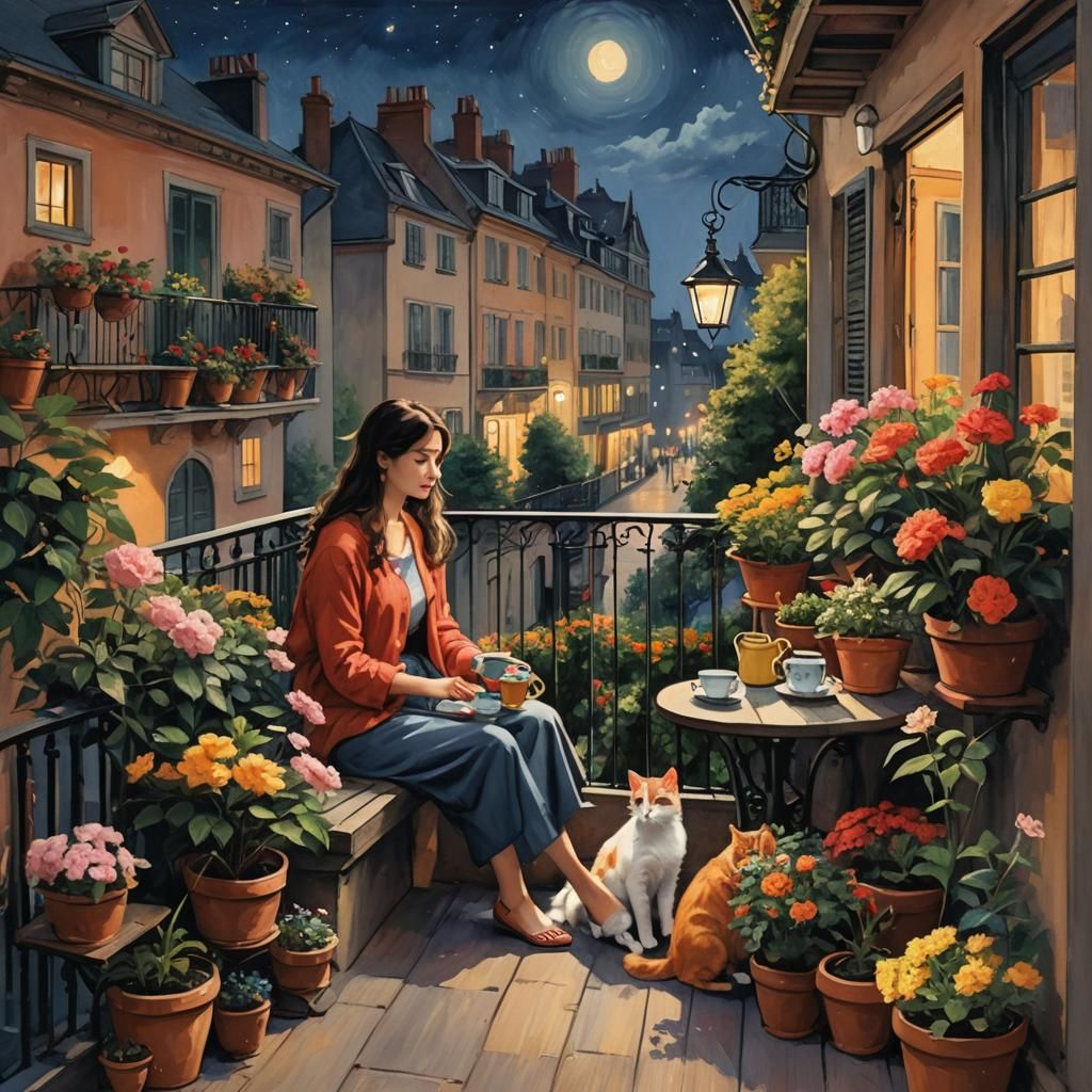 Balcony Contemplation: Woman, Cat, and Tea in Detailed Matte...