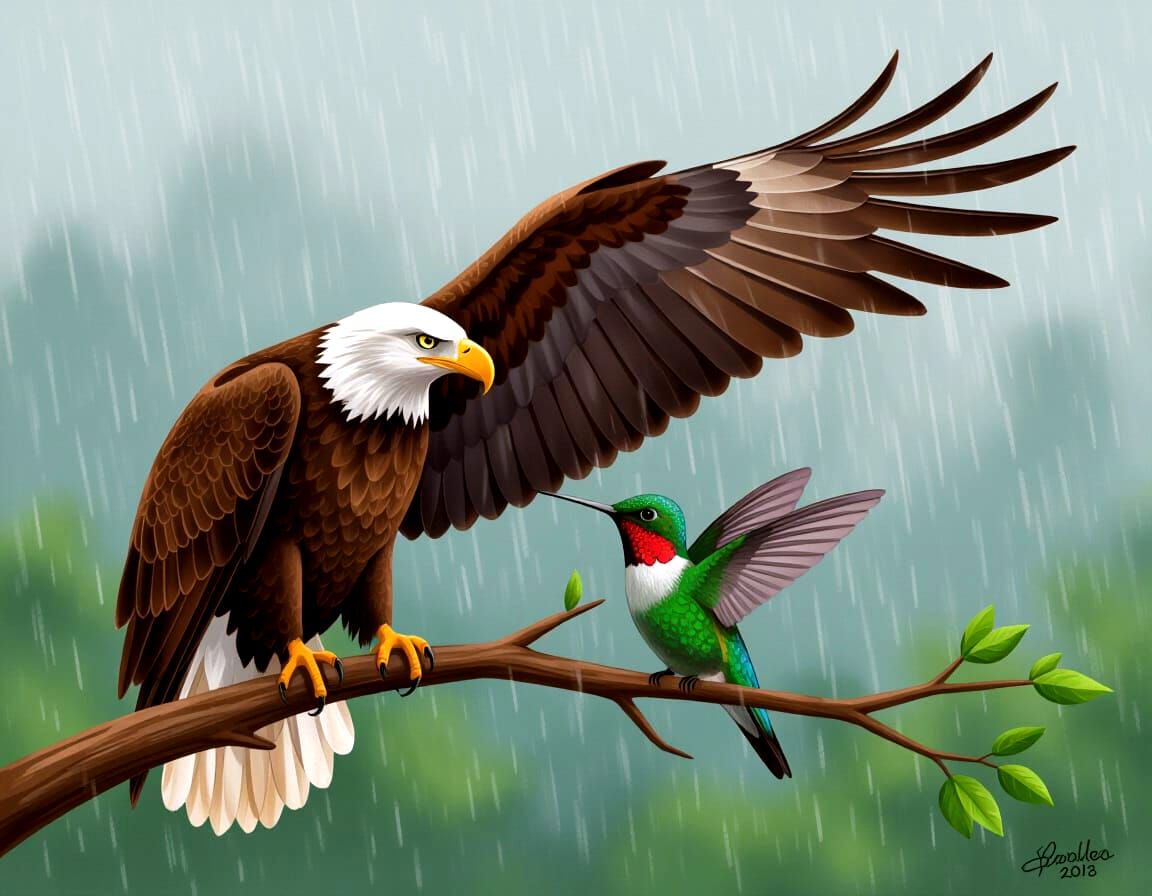 Eagle and Hummingbird Find Shelter Together in Magical Reali...