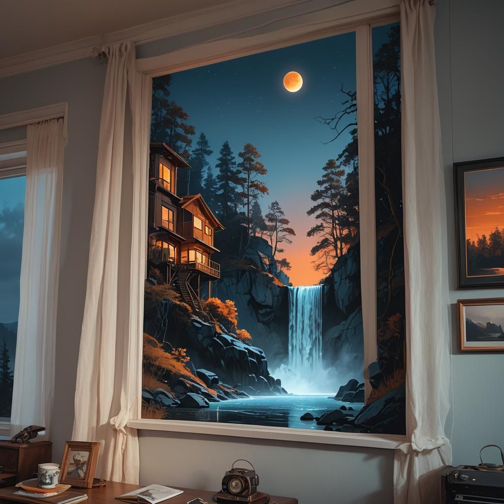 Crescent Moon Waterfall in Digital Fantasy Style