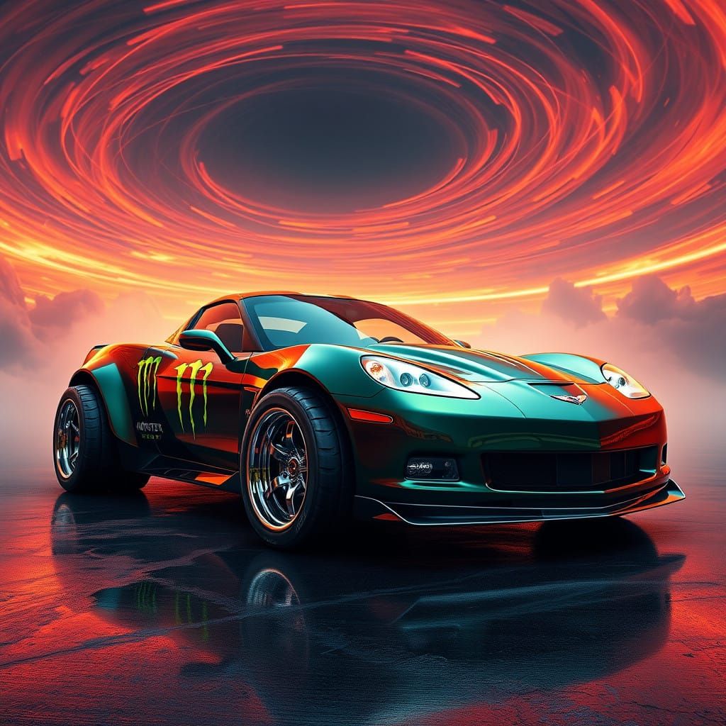 Cyberpunk Corvette Monster Truck in Chrome and Fire