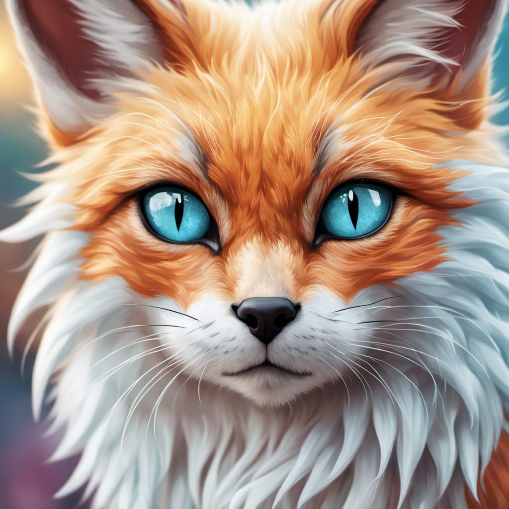 Whimsical Digital Portrait of a Fox-Like Cat with a Scars an...