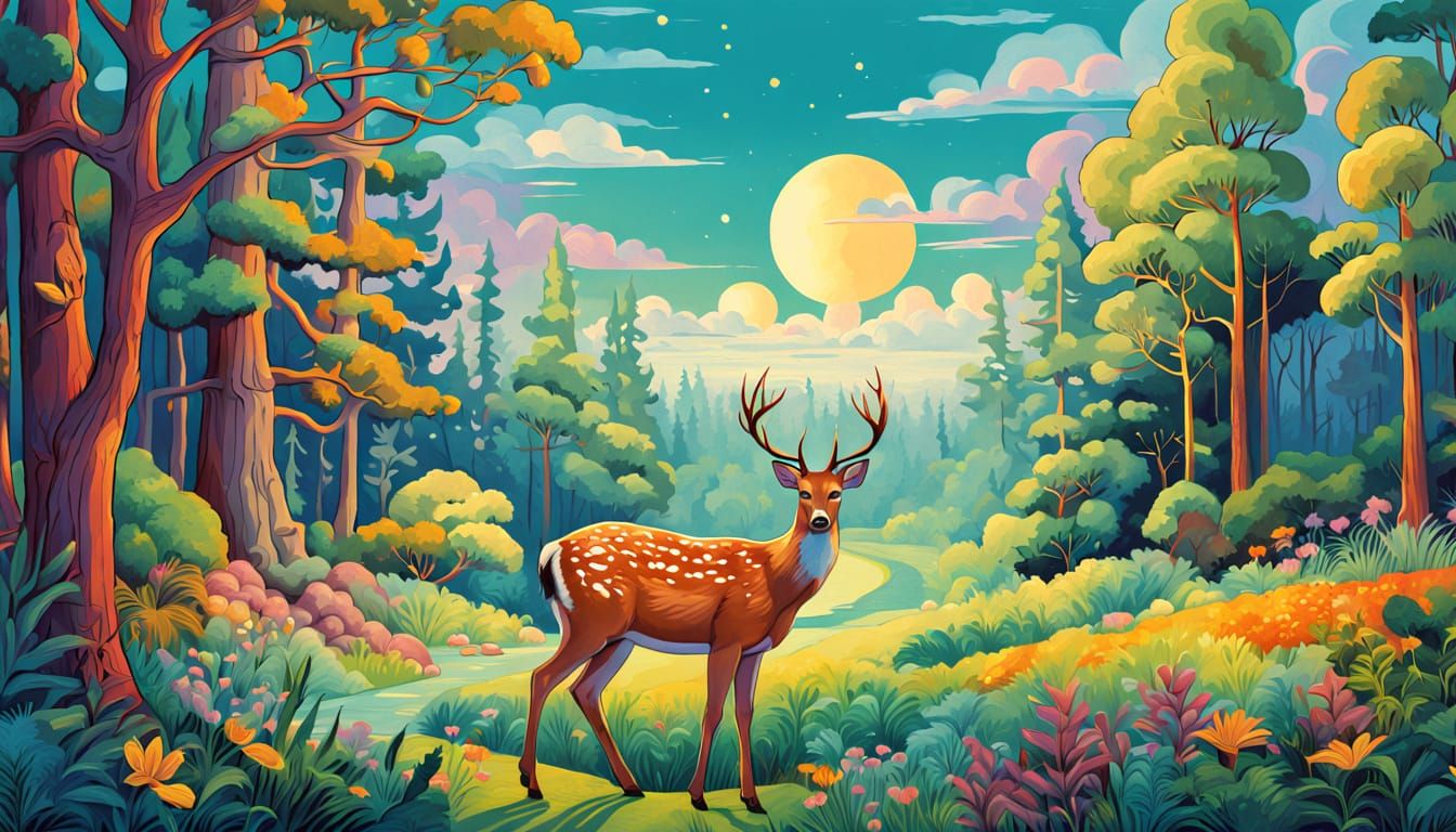Folk Art Deer in Mystical Forest Glade, Gouache and Watercol...