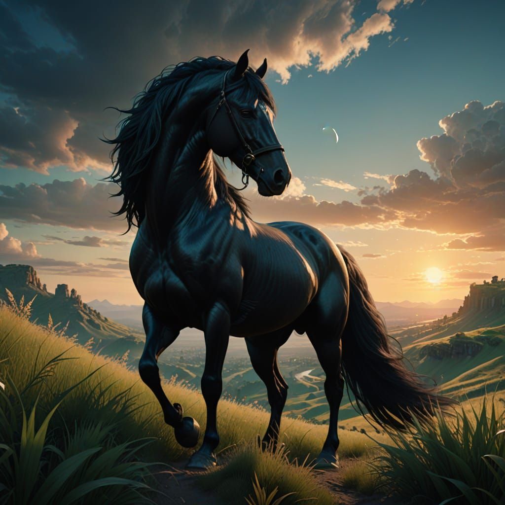 Majestic Black Stallion in a Vibrant Fantasy Landscape